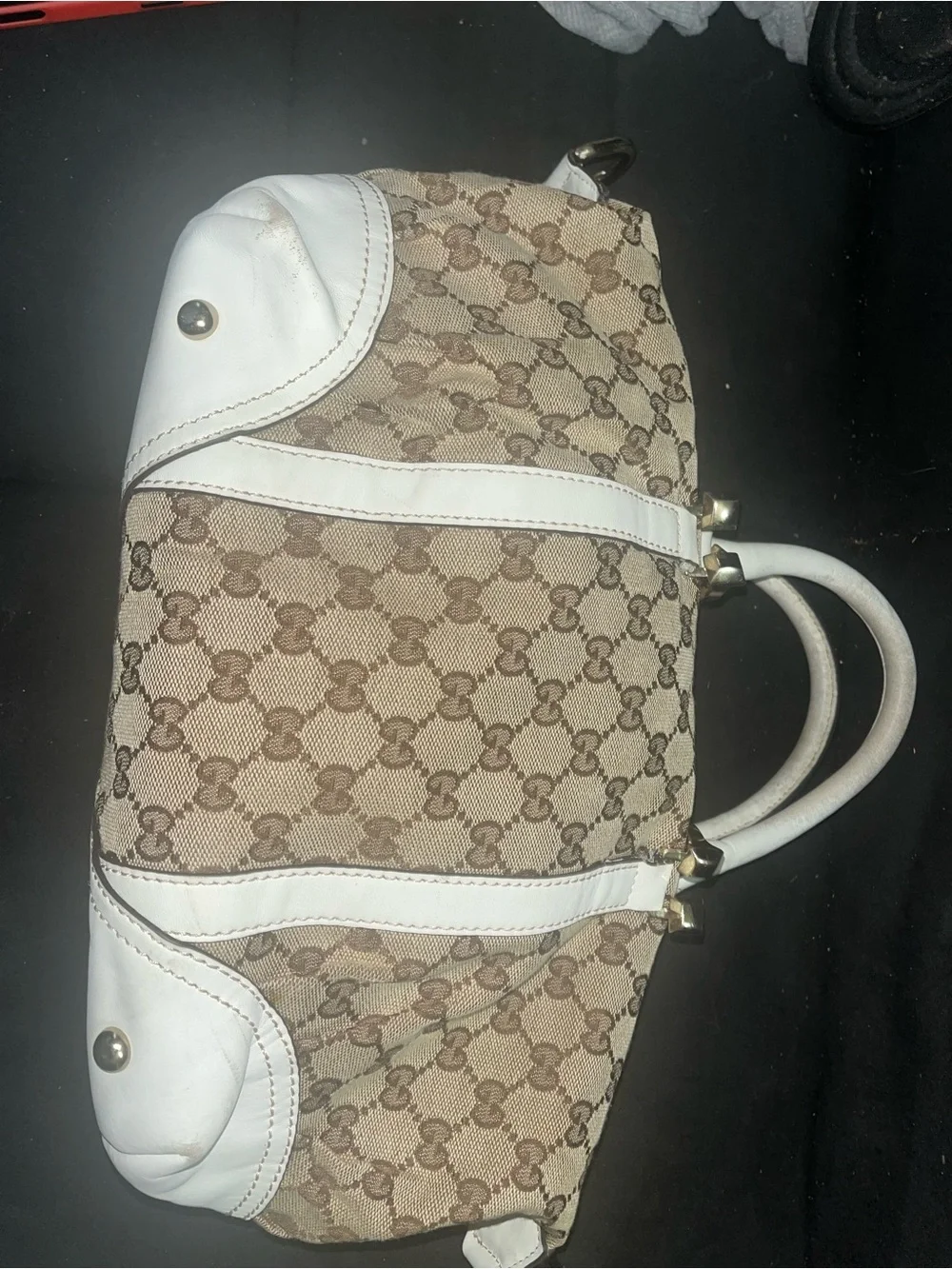 Gucci Beige GG Canvas Satchel with White Leather Trim
